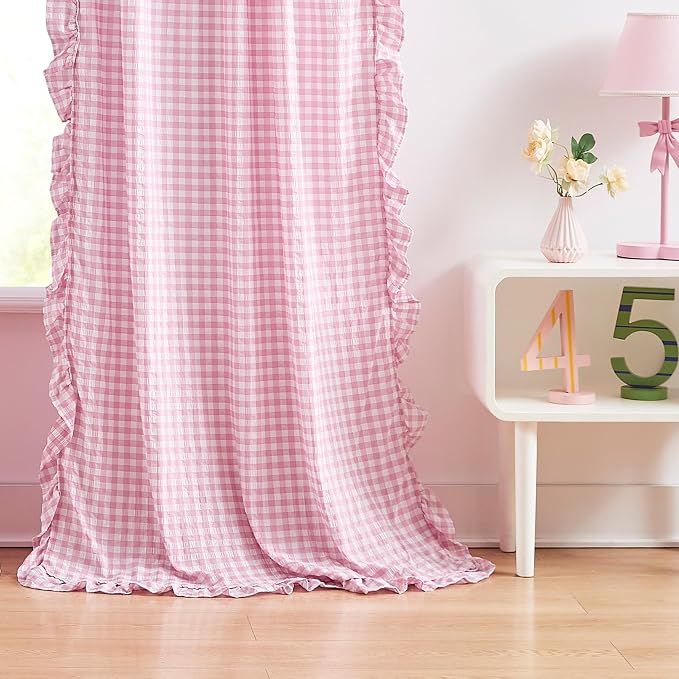 ZJDECOR Light Pink Buffalo Plaid Ruffle Curtains for Girls Room 63 Inch | Crinkled Not-See-Through Sheer Drape,Shabby Chic Window Treatment,Bedroom Living Room Nursery,Rod Pocket,40"Wx63"Lx2