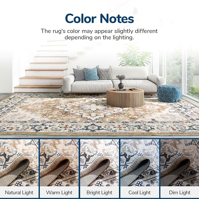 Lessymo 5x8 Area Rug for Living Room - Machine Washable Area Rugs, Super Soft Faux-Wool Area Rugs for Bedroom Kitchen, Boho Rug Vintage Floral Non-Slip Low Pile, Brown Beige