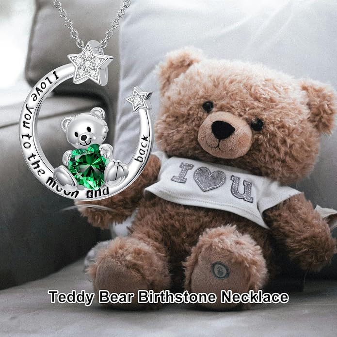 PELOVNY Teddy Bear Necklace for Women 925 Sterling Silver Bear/Highland Cow/Fox/Cat/Axolotl Birthstone Necklace Christmas Birthday Jewelry Gifts for Mom Daughter Wife Sister