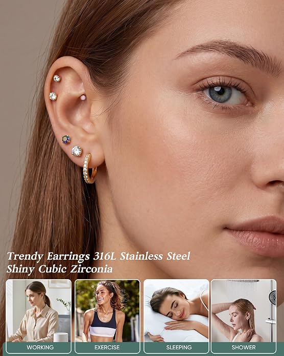 14K Gold Plated Hypoallergenic Earring Stack Set, Surgical Steel Flat Back & Screw Back Studs, Multi‑Size Small Huggie Hoops, Nickel‑Free CZ Pearl Opal Cartilage Earrings, Comfortable Sleeping Piercing Jewelry for Sensitive Ears Women & Men