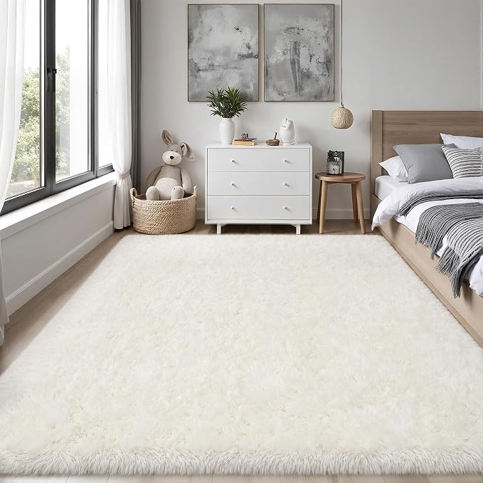 Area Rug for Living Room Bedroom: 4x6 White Soft Fluffy Shag Upgrade Non-Slip High Pile Carpet Large Fuzzy Plush Indoor Floor Decor Shaggy Rug for Kid Boys Girls Dorms Playroom Nursery Modern Home