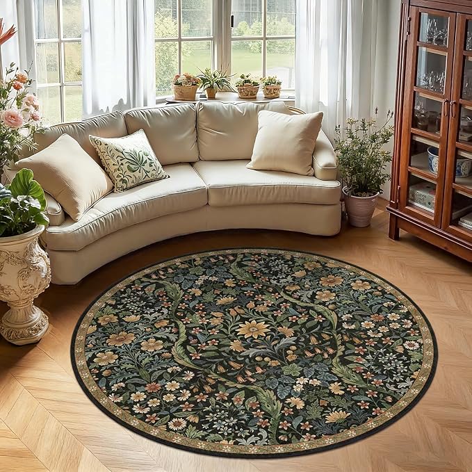 Round Rug 5ft Black Brown Washable Floral Circle Rug,Vintage Boho Botanical Round Area Rugs, Non-Slip Soft Low-Pile Circular Carpet for Bedroom,Kids Room,College Dorm,Home Decor