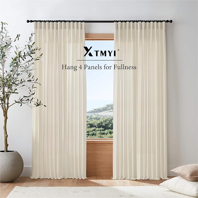 XTMYI Contemporary Curtains for Living Room,Pleat Hooks Linen Semi Sheer Ruffle Curtains for Master Bedroom 2 Panels,90 Inch Long,Beige