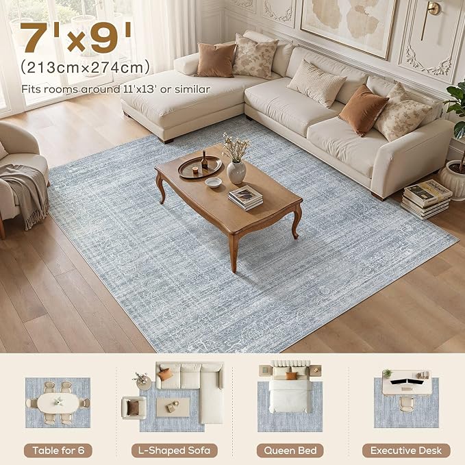 Nakagishi 7x9 Area Rugs Living Room: Washable Large Vintage Rug Neutral Non-Slip Soft Stain Resistant Indoor Carpet for Bedroom Nursery Dining Room Office Playroom - Blue