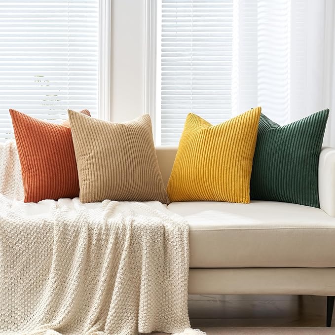 MIULEE Pack of 4 Green-Rust Corduroy Decorative Throw Pillow Covers 18x18 Inch Soft Boho Striped Pillow Covers Modern Farmhouse Fall Home Decor for Winter Sofa Living Room Couch Bed