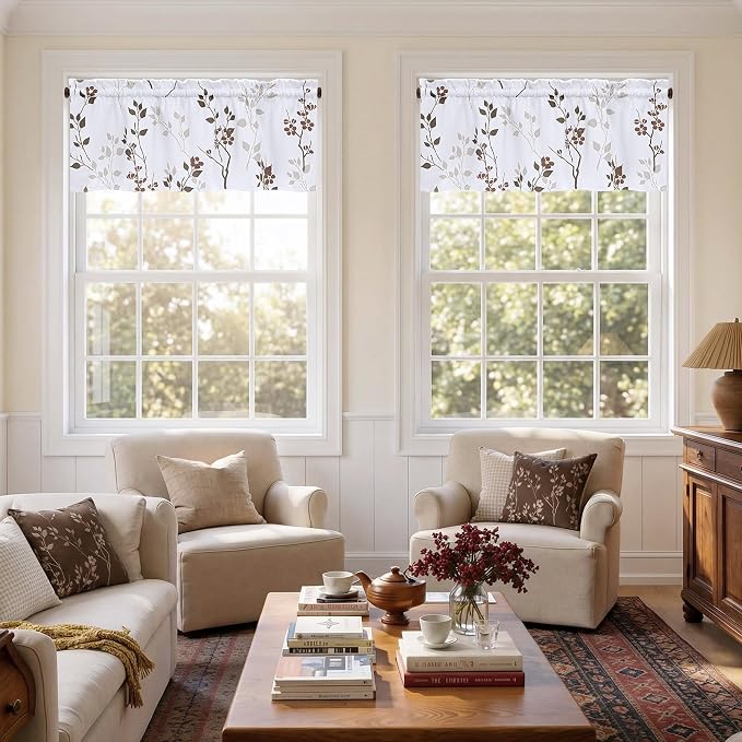 Beauoop Floral Valance Curtains for Kitchen Tan Brown 52X18 Inch 1 Panel | Flower Patterned Brown White Blackout Short Curtains for Living Room Bedroom Cafe Thermal Small Window Curtains Rod Pocket