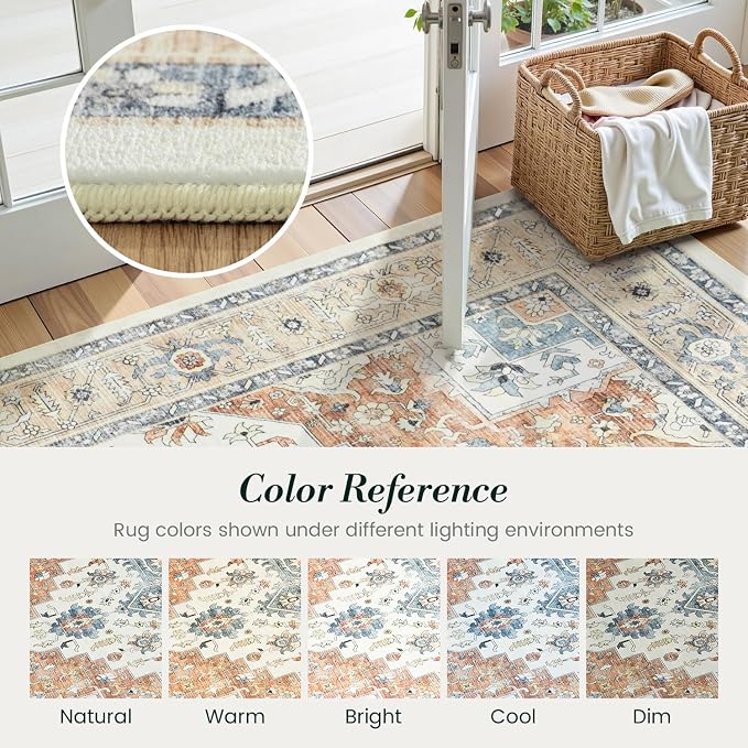 Oriental 8x10 Rug for Living Room - Washable Distressed Boho Extra Large for Bedroom, Low-Pile Non Slip Soft Faux Wool Carpet for Dining Room, Playroom, Neutral Beige and Orange Floral Rug