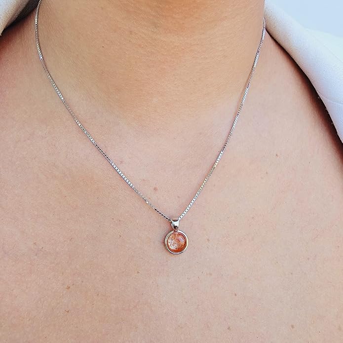 Natural gemstone 8mm round pendant with white gold over 925 sterling silver bezel cabochon plate and box chain, real genuine dainty birthstone gift for her, uniquelan jewelry