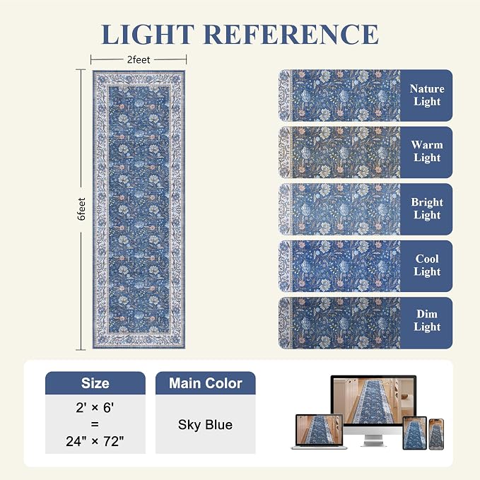 DUKINO 2x6 Runner Rug, Washable Vintage Floral Kitchen Rug, Sky Blue | Non Slip, Low Pile, Non-Shedding, Stain Resistant Soft Carpet Runner for Hallway Bathroom Entryway Bedroom Laundry Farmhouse