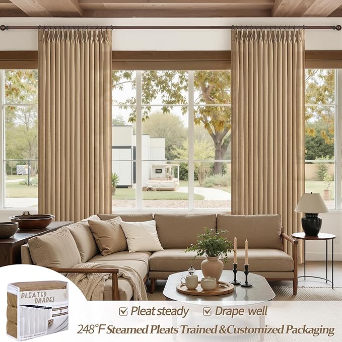 Pleated Linen Rust Brown Curtains 84 Inches Long 2 Panels Set for Bedroom, Memory Trained Pinch Pleat Light Filtering Semi Sheer Window Drapes Living Room Rustic Curtain 84 Inch Length with Back Tab