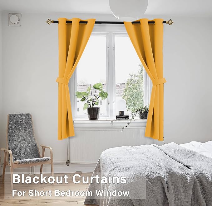 KOUFALL Yellow Cafe Kitchen Curtains 45 Inch Length for Spring Window Treatments,Set of 2 Panels Boho Short Blackout Curtains for Bathroom Window