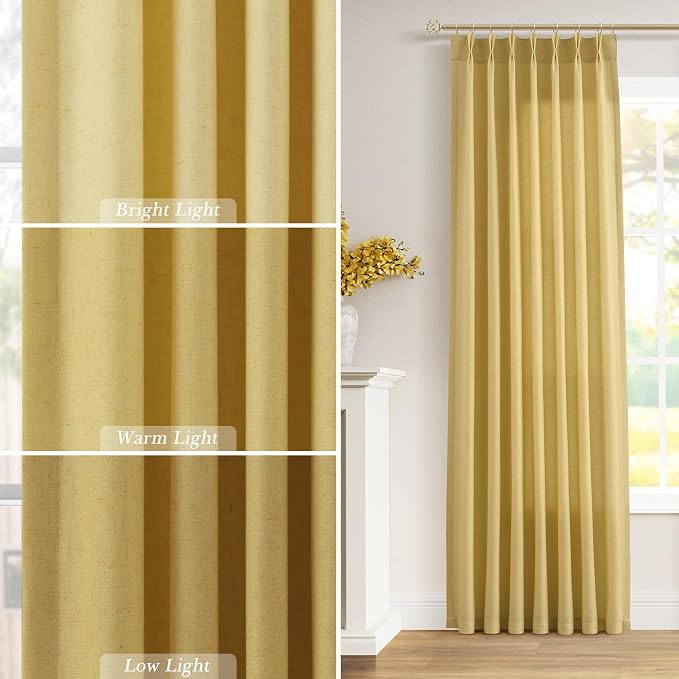 Yellow Pinch Pleated Linen Curtains 84 Inches Long 2 Panels Set Back Tab and Rod Pocket Living Room Curtain with Hooks Farmhouse Neutral Boho Light Filtering Drapes for Bedroom 40 Inch x 84 Inch