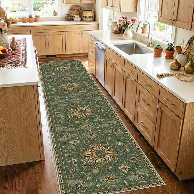 Vacuum-Friendly, 2x10 Washable Area Rug, Green Brown | Sun and Moon Boho Gothic Non-Slip Low Pile Living Roon Bedroom Dining Room Kitchen Entry Entryway Entrance Hallway Doormat