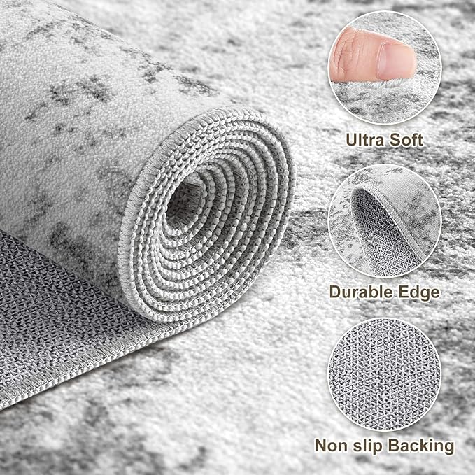 6Ft Round Area Rug for Living Room, 6x6 Washable Rugs Non-Slip Soft Large Modern Abstract Pattern Low Pile Carpet for Bedroom Indoor Floor Nursery Home Decor - Grey