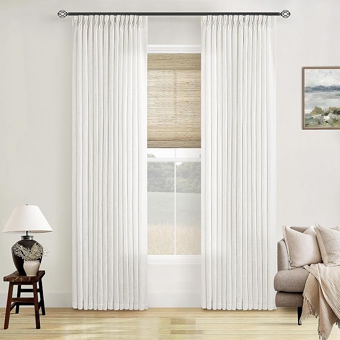 TWODRAPES Beige White Pinch Pleated Linen Curtains 2 Panels 105 Inches Long for Living Room Bedroom Memory Shaped Semi Sheer Pleat Drapes with Hooks Rings Light Filtering Window Curtain 40x105