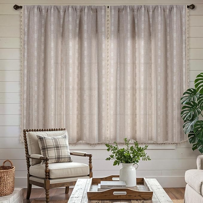ColorBird Boho Curtains Linen-Textured for Living Room Bedroom Natural Brown 63 Inch Length Farmhouse Light Filtering Neutral Embroidered Striped Linen Drapes 2 Panels Window Treatment