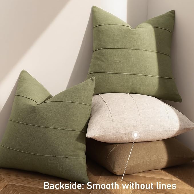 ZWJD Christmas Linen Throw Pillow Covers 18x18 Set of 2 Solid Handcrafted Striped Cushion Covers for Bed Soft Xmas Decorative Pillow Covers for Couch Bedroom Living Room Christmas Decor(Olive Green)