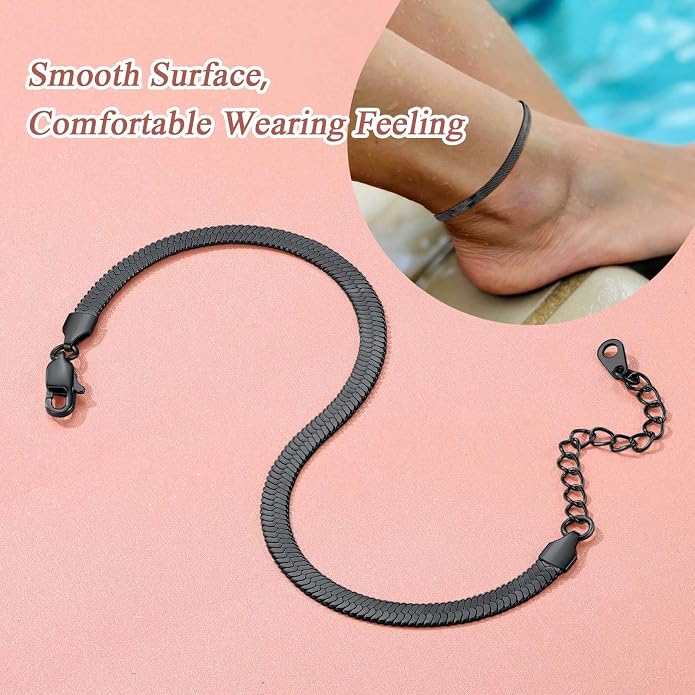 FindChic Elegant Herringbone Snake Chain Anklets/Bracelets 3MM/5MM Width Stainless Steel/18K Gold/Rose Gold Plated/Black 4 Color Options, 8.3'' 8.5'' 10.5'' Length, with Gift Box
