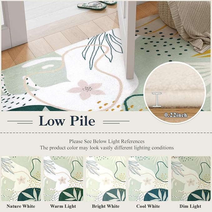 Lahome Green Hallway Runner - 2x7 Washable Non-Slip Runner Rug Throw Lightweight Soft Bathroom Runner Rug, Boho Botanical Print Indoor Carpet Runner for Bedroom Kitchen Entrance Laundry Living Room