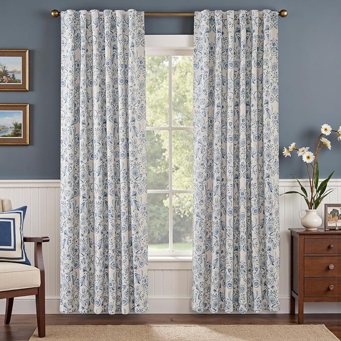 jinchan Blue Floral Blackout Curtains 84 Inch Farmhouse Back Tab 2 Panels | Blue on beige, room darkening, traditional vintage drapes, bedroom, living room, botanical, flower print, window treatment