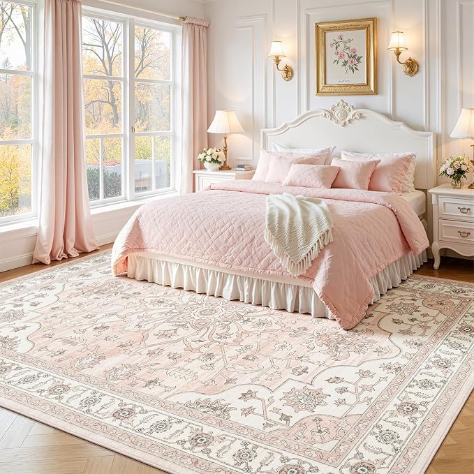 Washable Rug for Living Room Bedroom, 8x10 Area Rugs for Dining Room Home Office, Non Slip Low Pile Rug Indoor, Vintage Boho Floral Medallion Carpet, Pink