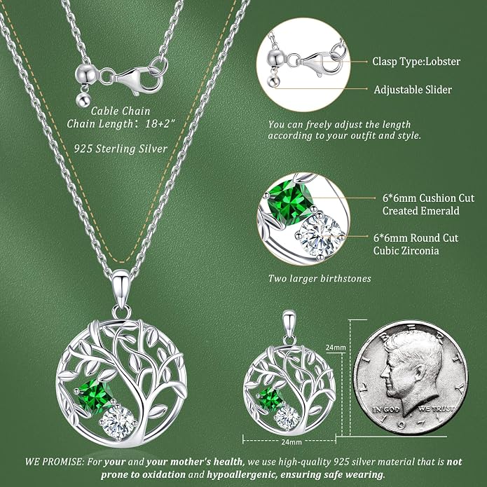 Tree of Life Birthstone Necklace for Women 925 Sterling Silver Birthstone Pendant 12 Months Necklaces with Zircon Birthday Gifts for Women, Mom, Grandma Cable Chain 18"+2"
