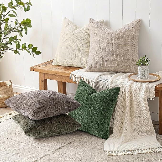 decorUhome Textured Chenille Throw Pillow Covers 24x24 Set of 2 Army Green | Fall Modern Farmhouse Soft Cozy Slubby Couch Pillow Cases Boho Decorative Pillow Cases for Bed Sofa Living Room Home Decor
