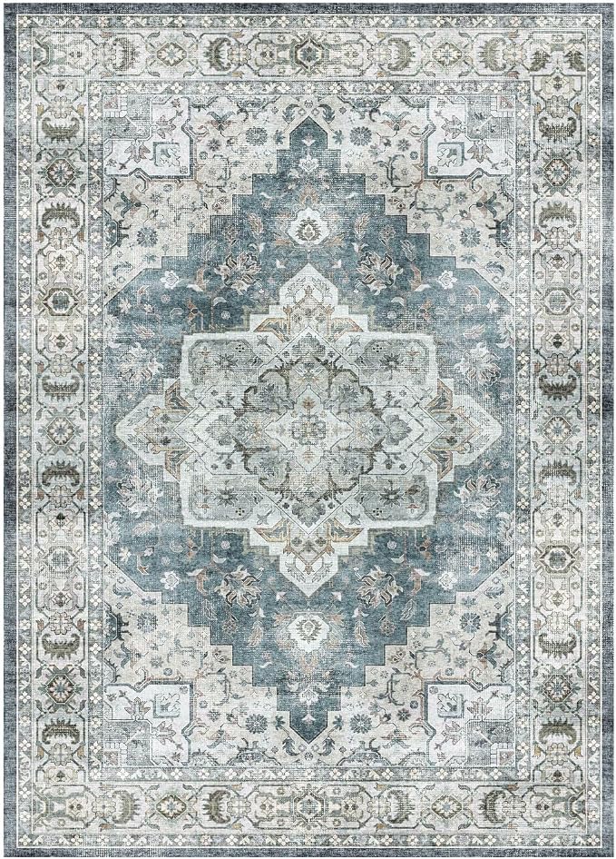 Lessymo Runner Rug 2 x 6, Machine Washable Entryway Rugs Boho Faux Wool Low Pile Area Rug for Bedroom, Floral Medallion Vintage Rugs with Non-Slip Rubber,Blue Grey/Beige