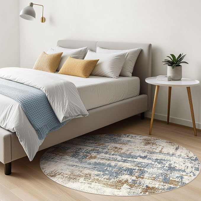 7ft Round Rug Living Room Rugs: 7x7 Washable Circle Large Abstract Modern Soft Stain Resistant Non Slip Indoor Floor Carpet for Bedroom Nursery Office Dining Room Dorm Home House- Tan Blue