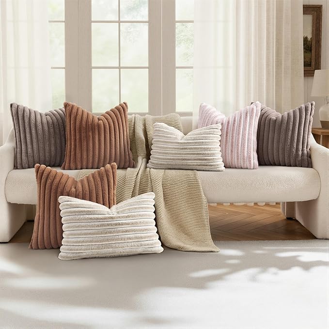 decorUhome Fall Faux Fur Throw Pillow Covers 18x18 Set of 2 Brown | Decorative Soft Cozy Striped Plush Modern Farmhouse Boho Couch Pillow Cases Velvet Back for Sofa Bed Living Room Home Decor