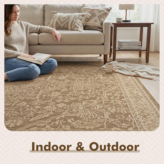 MontVoo-Outdoor Rug-Patio Rug 6x9 ft Polypropylene Indoor Outdoor Rugs Carpet for Patio Deck Balcony Porch, Textured Weave, Durable for High Traffic, Fade-Resistant, Vintage Medallion Neutral Brown