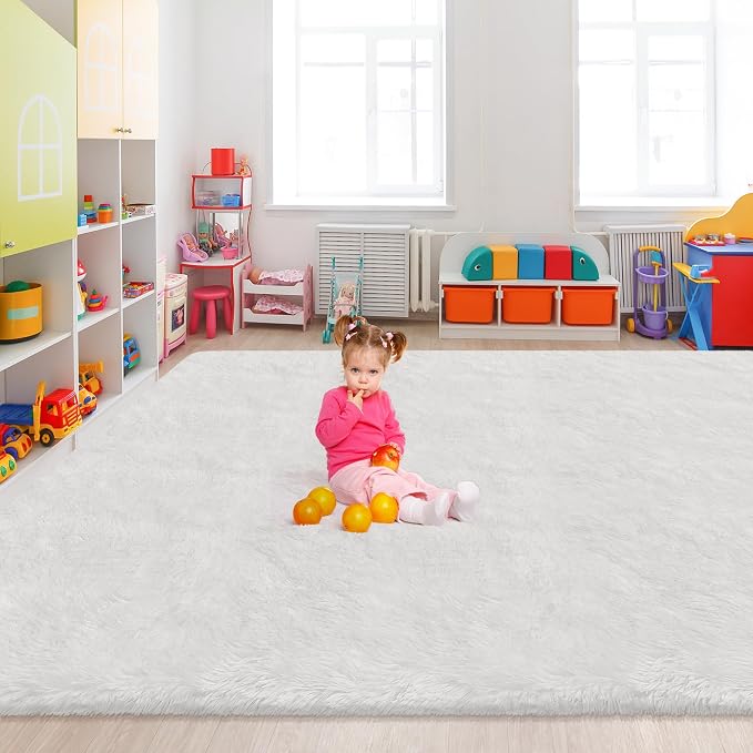 8x10 Area Rug for Living Room, Soft White Fluffy Rug for Bedroom Large Shaggy Carpet Fuzzy Modern Floor Decor Aesthetic, Nursery Playroom Plush Non-Slip Thick Rugs for Kids Girls Boys