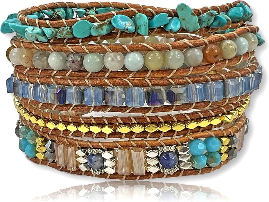 MGR MY GEMS ROCK! 35-Inch Long Multi-Layer Hand Crafted Gemstone and Crystal Multi-Stone Beaded on Genuine Leather Boho Style Stackable Super Wrap Bracelet, up to 5 Wraps.
