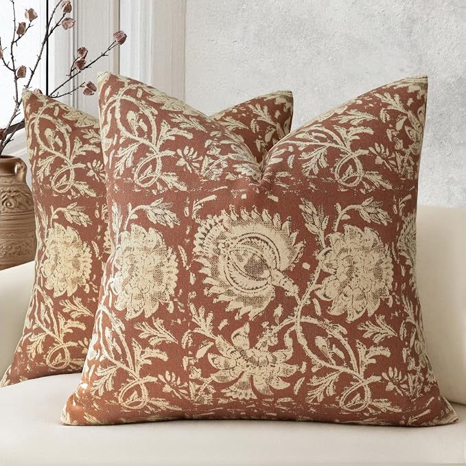 Fall Pillow Covers 20x20 Set of 2 Printed Floral Throw Pillows Farmhouse Pillow Cases Vintage Decorative Cushion Covers Fall Decorations for Couch Sofa Chair Bed Living Room, Rust