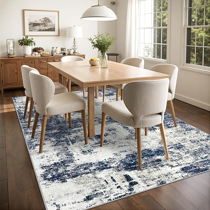 10x14 Area Rugs Living Room Rugs: Large Washable Rug with Anti-Slip Backing Non-Shedding Stain-Resistant Soft Abstract Carpet for Bedroom Dining Room Nursery Home Office-Blue/Gray