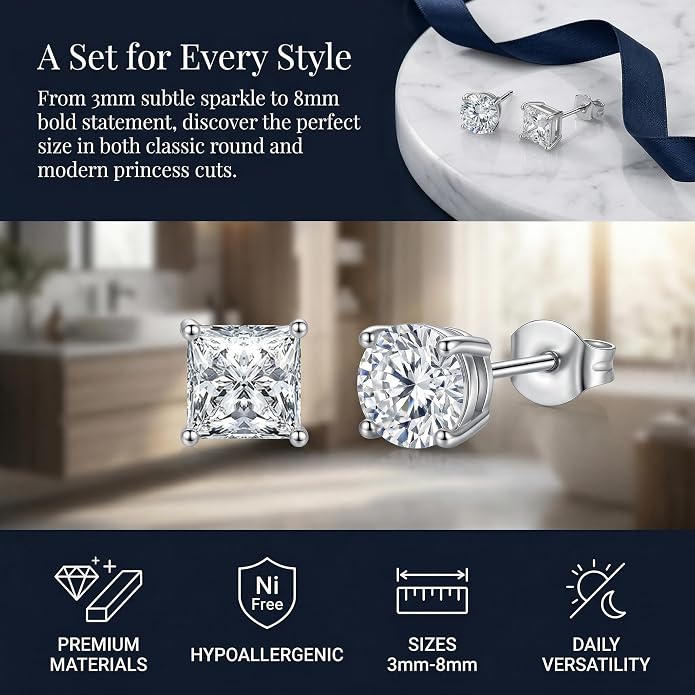 12 Pairs Stud Earrings Set, 3-8mm Cubic Zirconia Earrings for Women & Men 316L Stainless Steel Earring Hypoallergenic Small Earring Nickel Free
