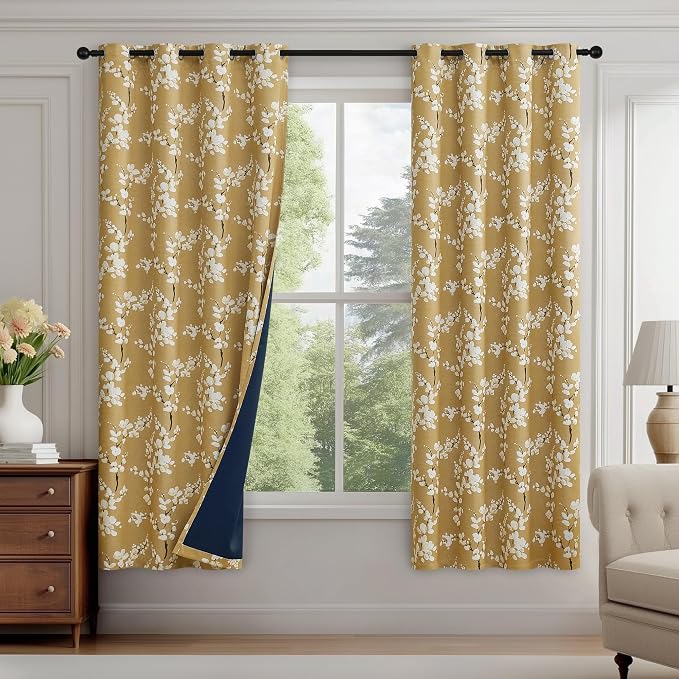 FMFUNCTEX 100% Blackout Yellow Floral Curtains 63 Inch Grommet 2 Panels | Black Out Drapes, Thermal Insulated Cottage Farmhouse, Blossom Flower Patterned Curtain for Bedroom, Living Room Darkening