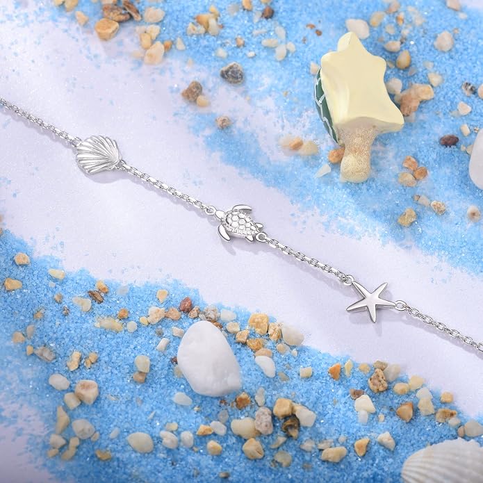 BEILIN 925 Sterling Silver Ocean Beach Anklets for Women Starfish Conch Turtle Ankle Bracelets for Women