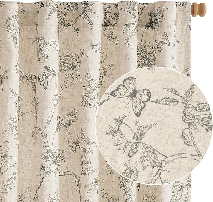 Lazzzy Charlotte Lined Linen Farmhouse Grey Floral Curtains 63 Inch Length Back Tab Drapes for Living Room Bedroom Light Filtering Country Vintage Rod Pocket, 2 Panels, Gray on Beige