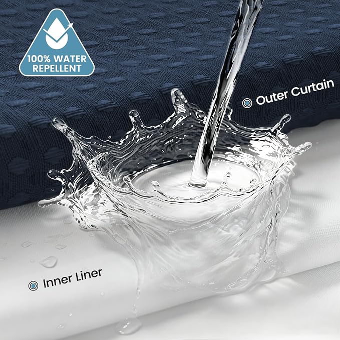 EUTXL Heavyweight Navy Blue Long No Hook Shower Curtain with Snap in Liner,256GSM Waffle Weave Shower Curtains for Bathroom,71W x 86H