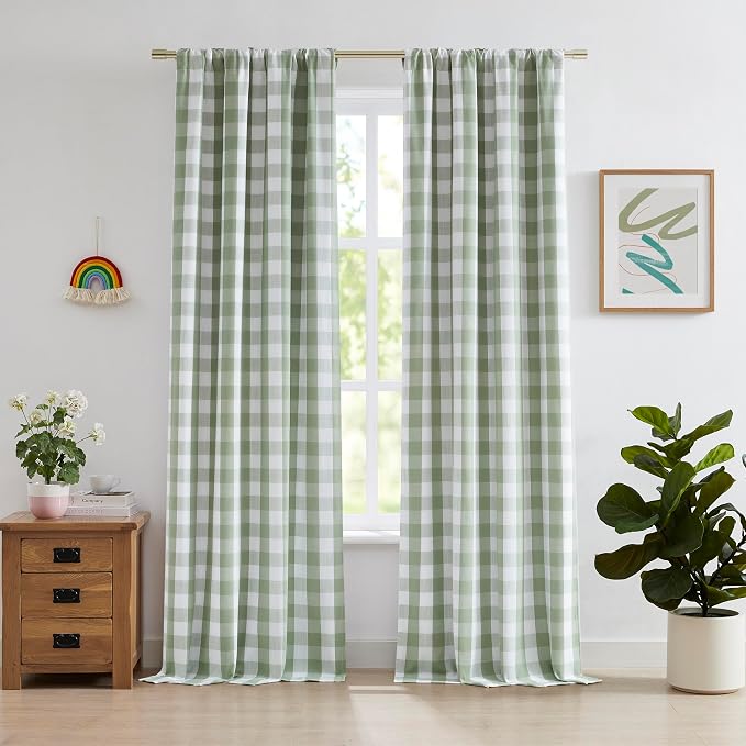 Sage Green Buffalo Plaid Full Blackout Curtains 90 Inches Long | Cottage Living Room Bedroom Panels,Darkening Thermal Insulated Double-Layer Window Treatment,Rod Pocket Back Tabs,40"Wx90"Lx2