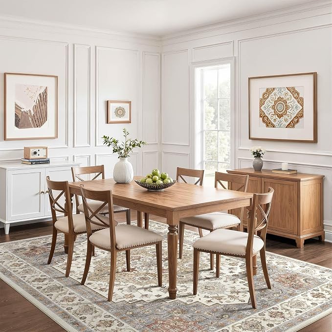 7x10 Area Rug Living Room: Washable Boho Large Neutral Vintage Soft Rugs Stain Resistant Farmhouse Non-Slip Indoor Floor Carpet for Bedroom Nursery Kids Playroom Office Dining Room- Orange Beige