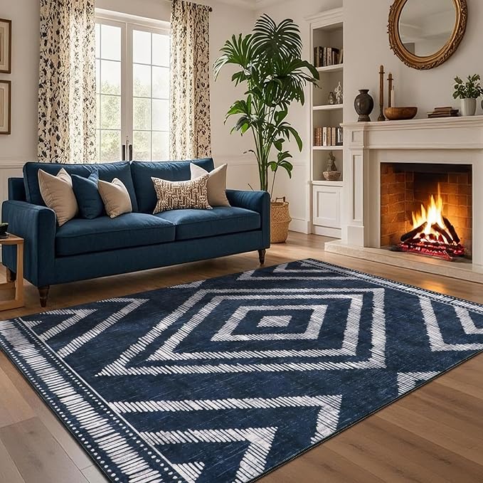 Boho Washable Rugs 5x7ft for Living Room, Navy Blue Thin Bedroom Area Rugs Non Slip, Moroccan Soft Kids Nusery Area Floor Carpets for Dining Room Playroom Kitchen Home Office Decor