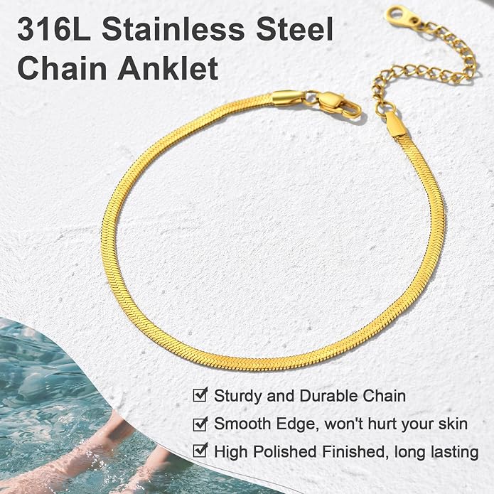 GoldChic Adjustbale Link Chain Anklet for Women Summer Jewelry, 316L Stainless Steel Figaro/Wheat/Twist Rope/Cuban Foot Bracelet-Waterproof, Resizable 9"-12" (Gift Box Included)