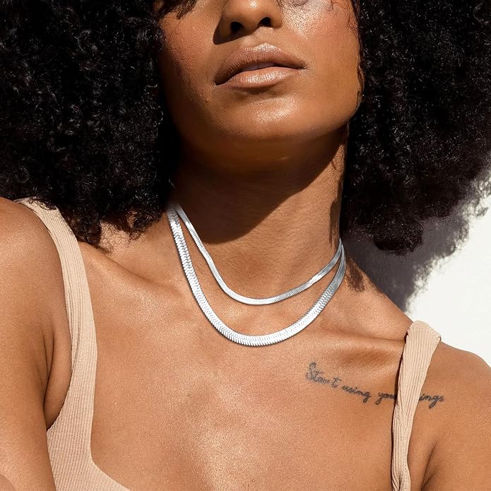 FOCALOOK 14K Gold Plated Necklaces for Women, Fashion Herringbone Choker Necklace Stainless Steel Flat Snake Chain 3/5MM(W) 12.5"/15"/18"+3.5"(L)