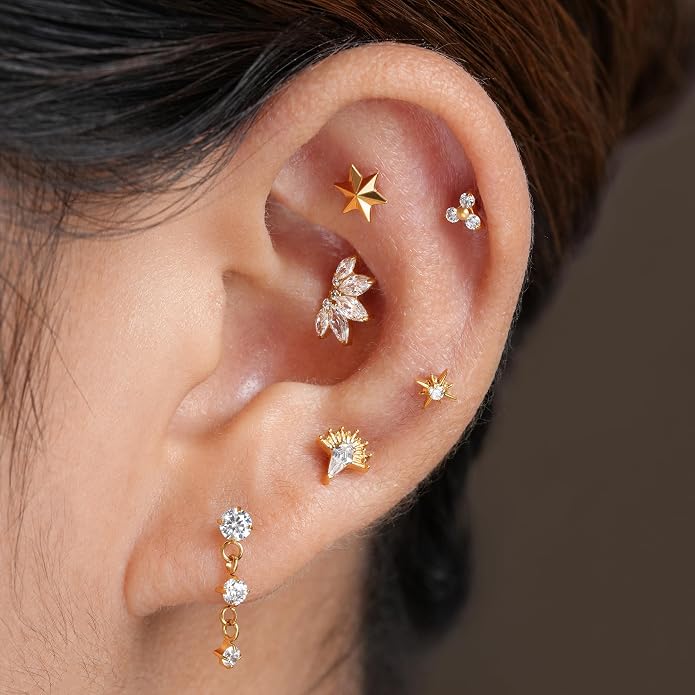 FINE4U 1PC ASTM F136 Titanium 16G Flatback Stud for Tragus, Helix, Conch 6mm 8mm - Screw on Cartilage Earring Piercing Jewelry