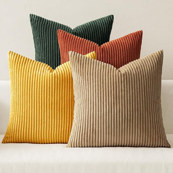 MIULEE Pack of 4 Green-Rust Corduroy Decorative Throw Pillow Covers 18x18 Inch Soft Boho Striped Pillow Covers Modern Farmhouse Fall Home Decor for Winter Sofa Living Room Couch Bed