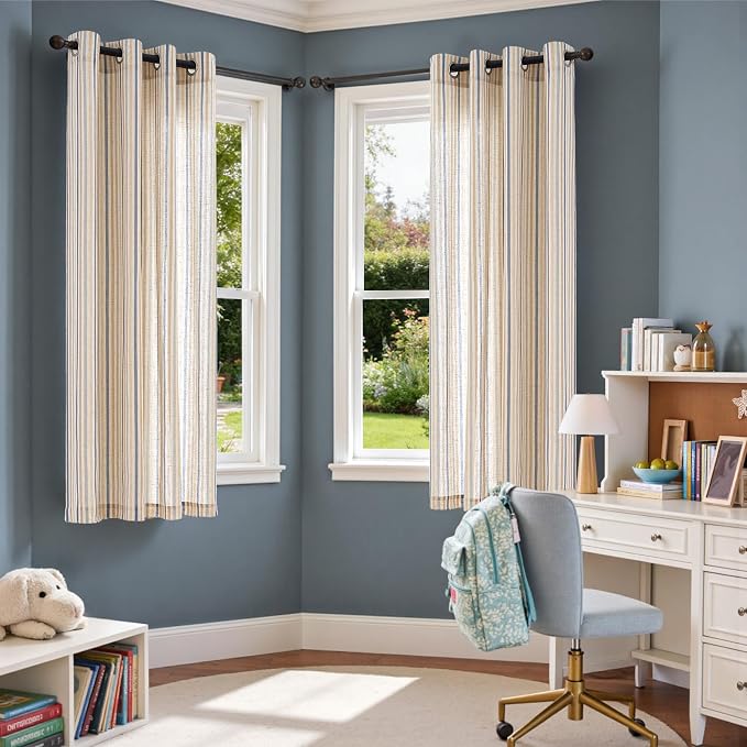 Vangao Linen Stripe Nursery Curtains for Kids Tickingstripe Light Filtering Window Curtains Colorful Pinstripe Printed Drapes 63 Inches Long for Living Room Girls Bedroom Colorful Blue 2 Panels