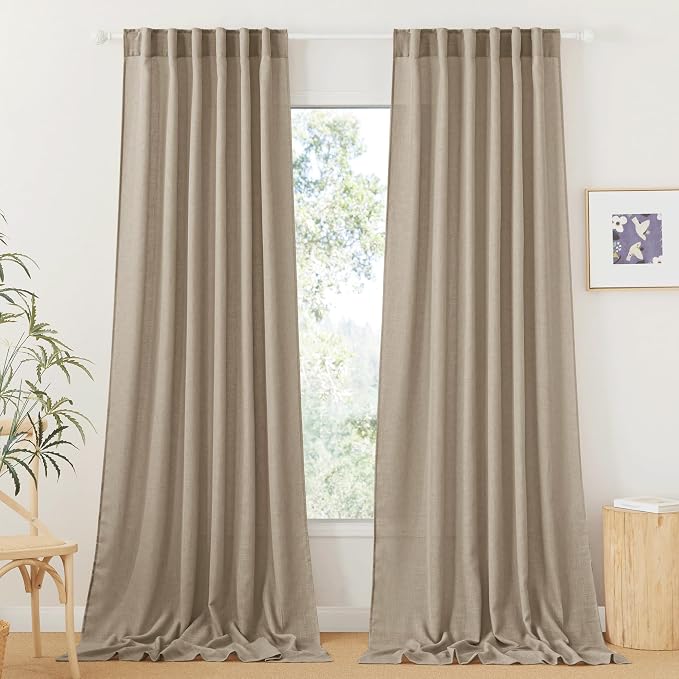 RYB HOME Long Linen Curtains 96 inches Long for Living Room, Light Airy Breathable Window Decor Linen Burlap 2 Panels Set for Laundry Room Home Office, W 70 x L 84 inches, Khaki, 2 Panels