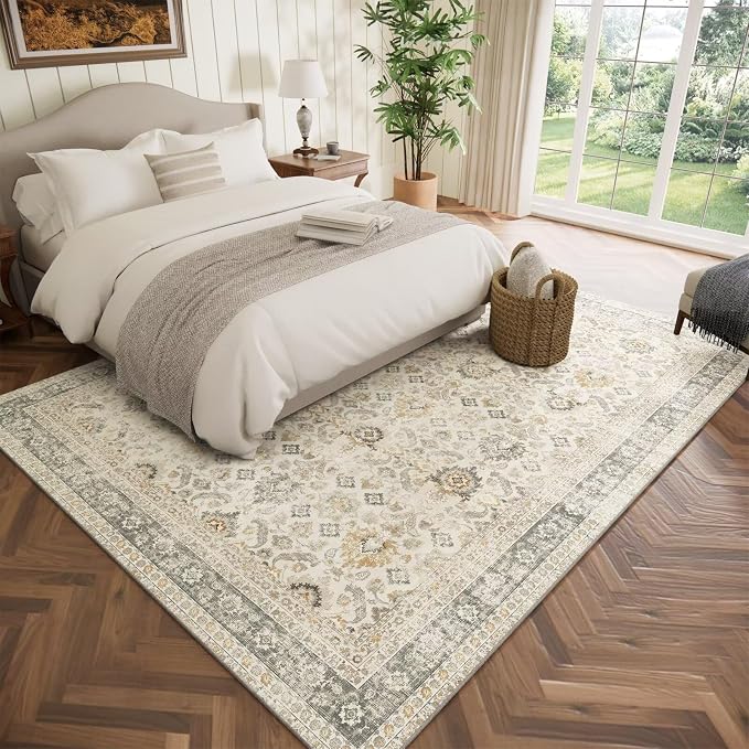 Boho Washable 5x7 Area Rugs for Living Room, Cushioned, Beige/Grey | Vintage Non-slip Rugs for Bedroom Dining Room Nursery Office, 0.3" Neutral Oriental Throw Thin Carpet, Beige/Grey/Golden